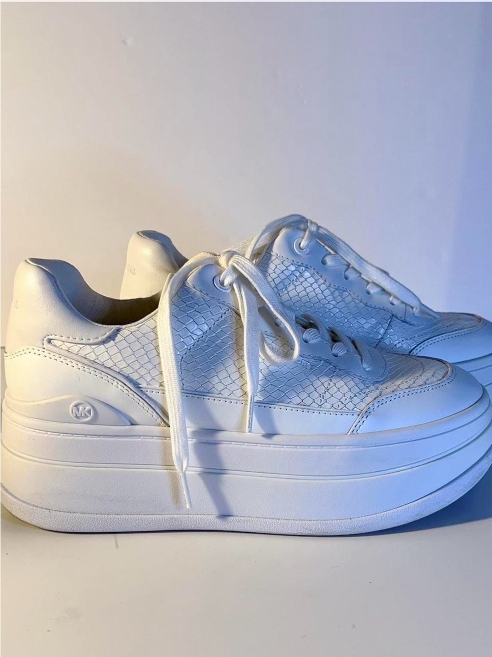 Michael Kors White Platform Lace-Up Sneakers with Woven Detail
